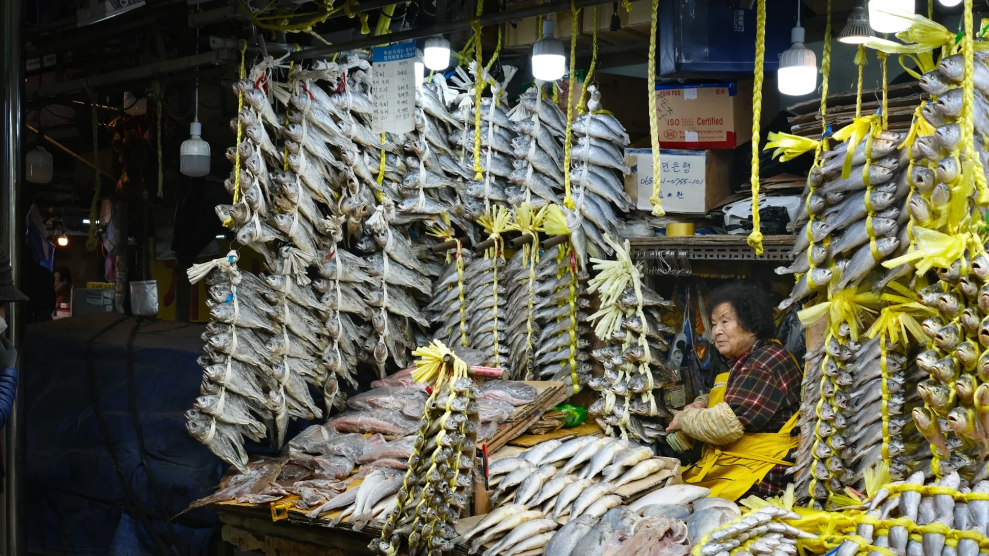 A market stall hung with strings of dried yellow croaker, the vendor seated among them
