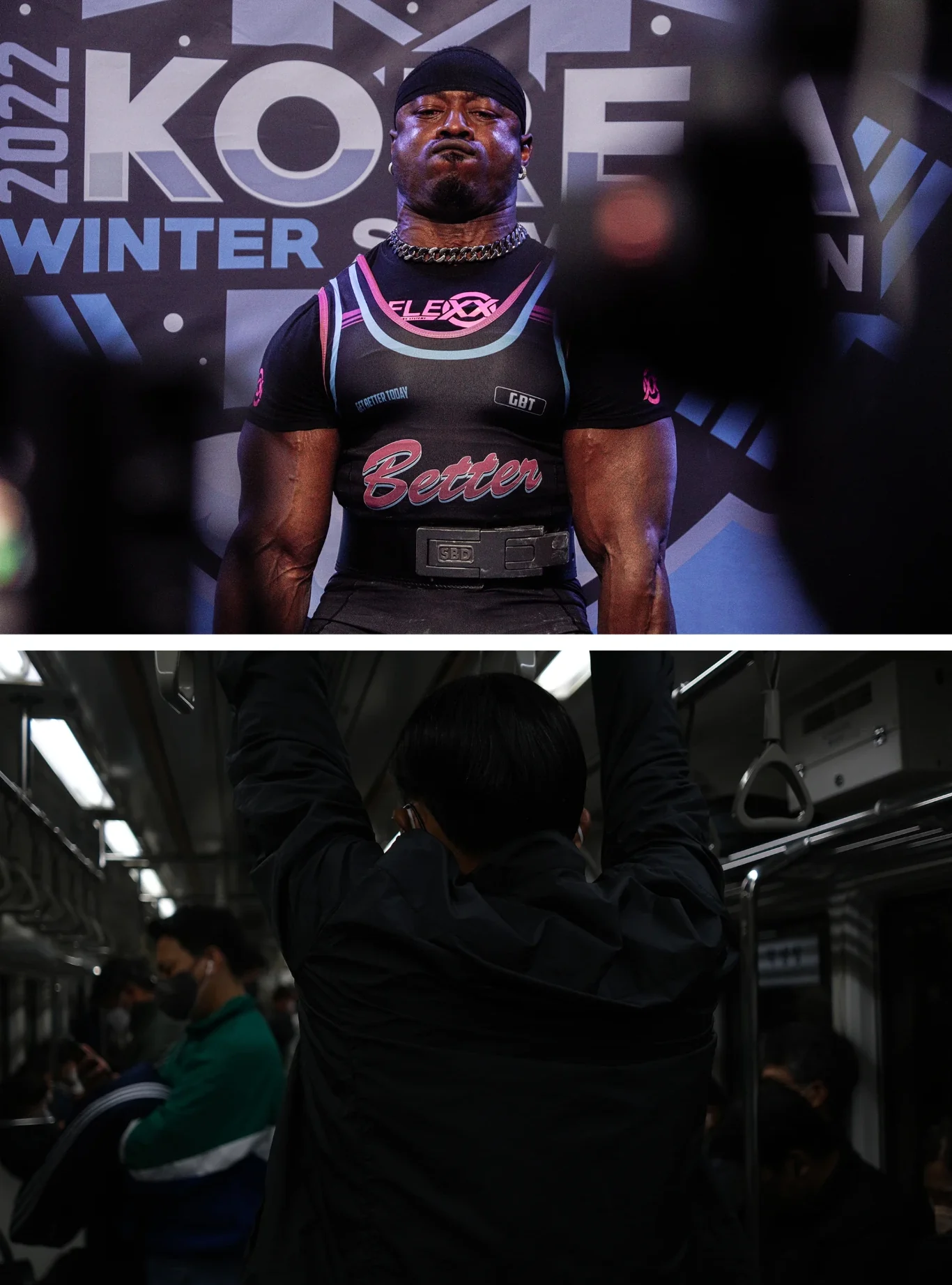 Diptych: a powerlifter on the platform at a 2022 meet, and a commuter holding the straps on a crowded subway