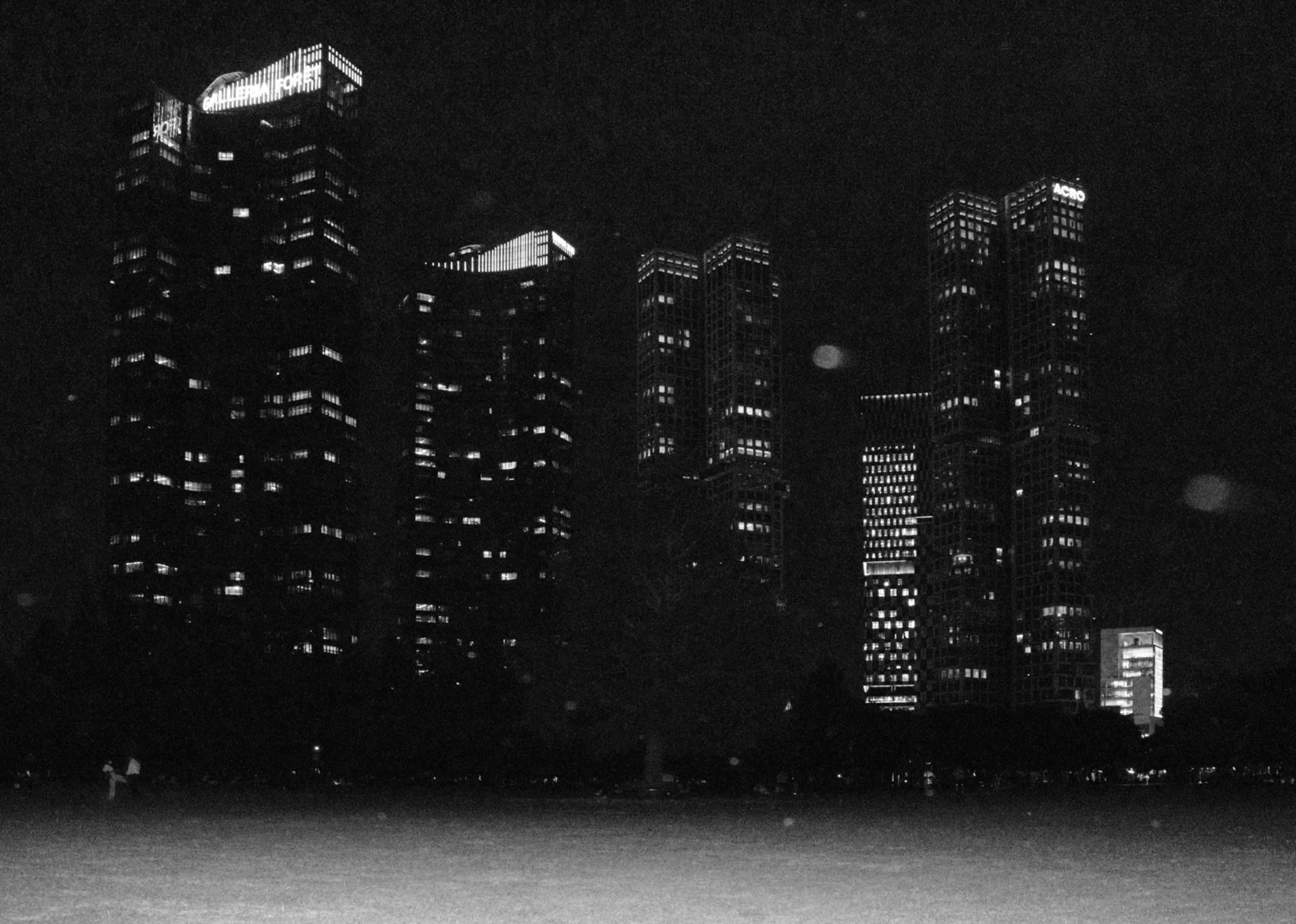 Black and white: apartment towers lit at night above a dark lawn