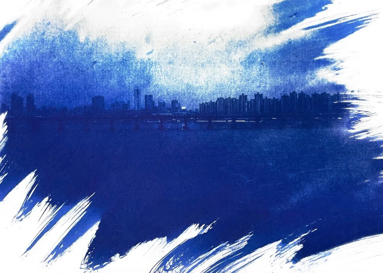 Cyanotype of the Han River skyline, brushed blue on white paper